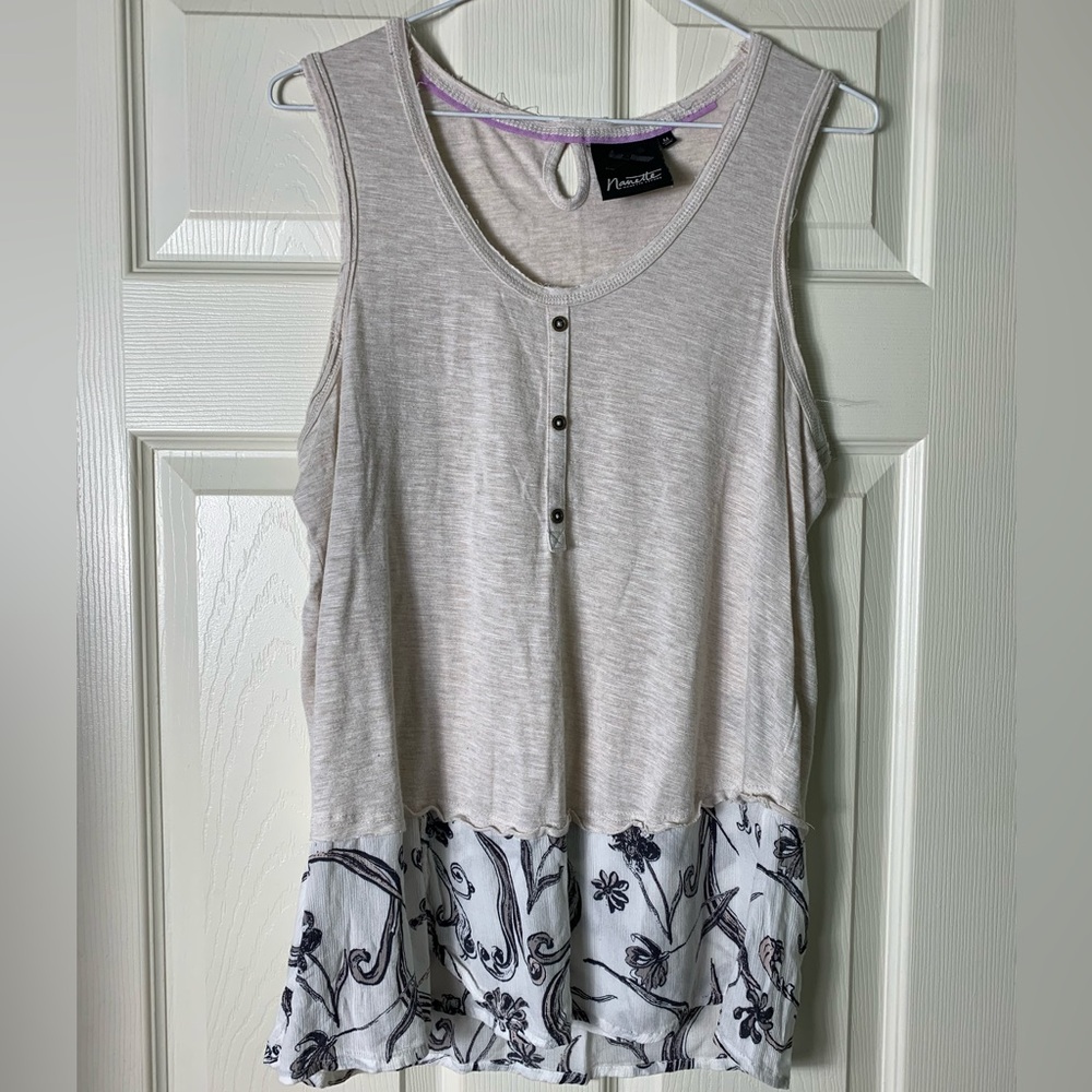 Nanette Lepore | Heather Oatmeal Henley Tank Floral Chiffon Hem - Medium